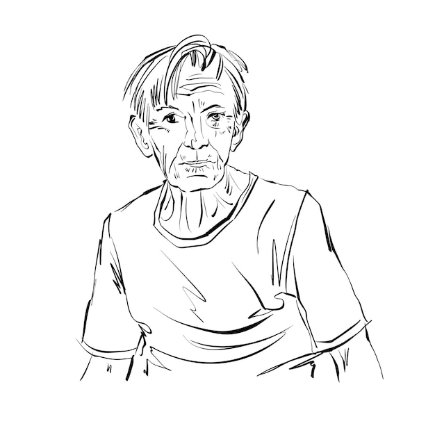 Hand getekende illustratie van een oude man op een witte achtergrond, zwart-wit tekening.