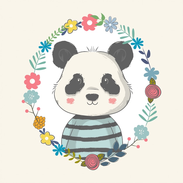 Hand getekende illustratie van een schattige baby panda met bloemen.