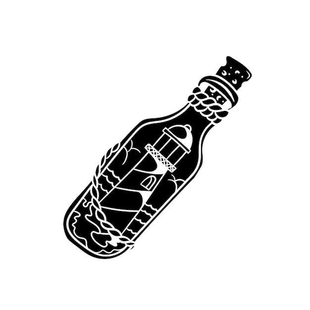 Hand getekende illustratie van een vuurtoren in een fles silhouet