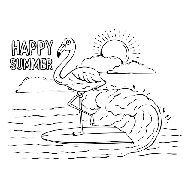 hand getekende illustratie van flamingo op surfplank sjabloon voor kaart plakkaat banner