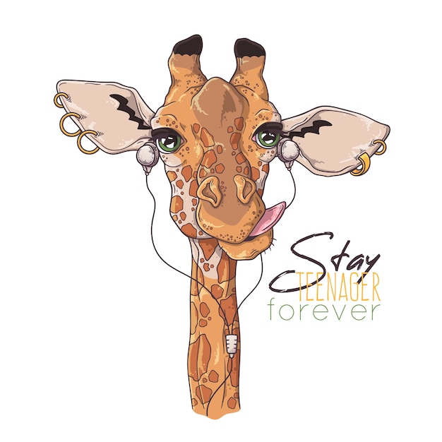 hand getekende illustraties. Portret van schattige giraffe luisteren muziek