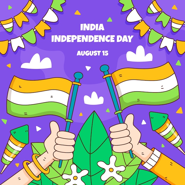 Vector hand getekende india onafhankelijkheidsdag illustratie met handen met vlaggen