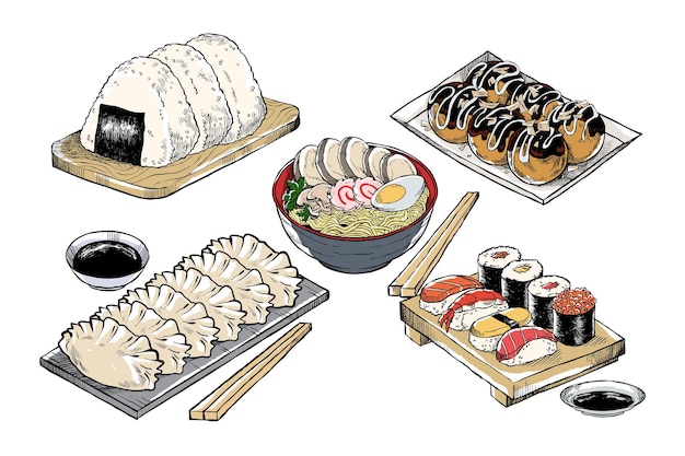 Hand getekende Japans eten illustratie