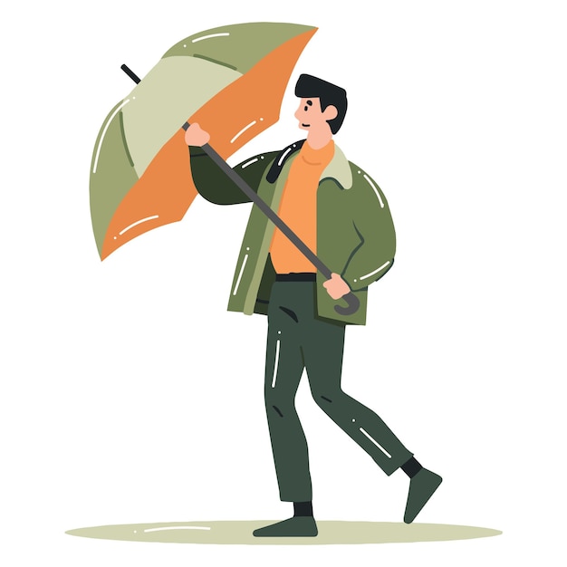 Hand getekende jonge man lopen met paraplu in vlakke stijl
