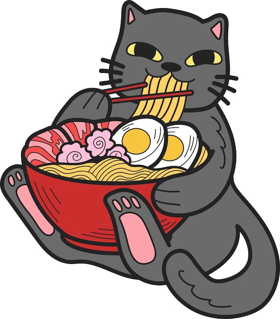 Hand getekende kat noedels illustratie eten in doodle stijl