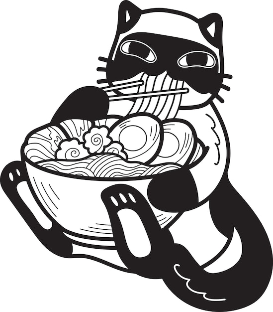 Hand getekende kat noedels illustratie eten in doodle stijl
