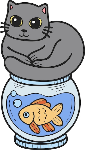 Hand getekende kat op fish bowl illustratie in doodle stijl