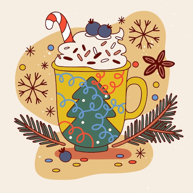 Vector hand getekende kerst warme chocolademelk illustratie