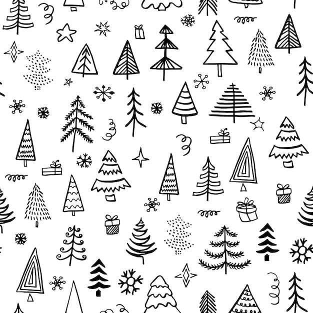 Hand getekende kerstboom achtergrond Doodle inkt naadloze patroon voor Nieuwjaar