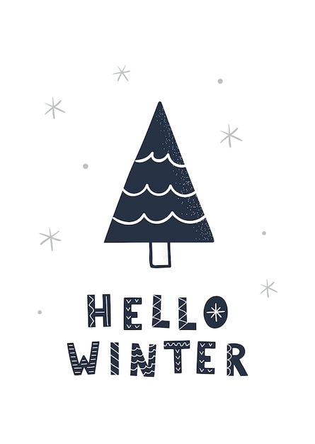 Hand getekende kerstboom en belettering hallo winter. vectorillustratie voor wenskaart, poster.