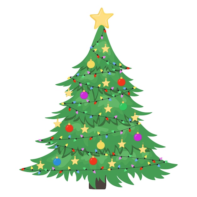 Hand getekende kerstboom met ornamenten, sterren, slingers, sterren. Doodle schets vectorillustratie geïsoleerd op een witte achtergrond.