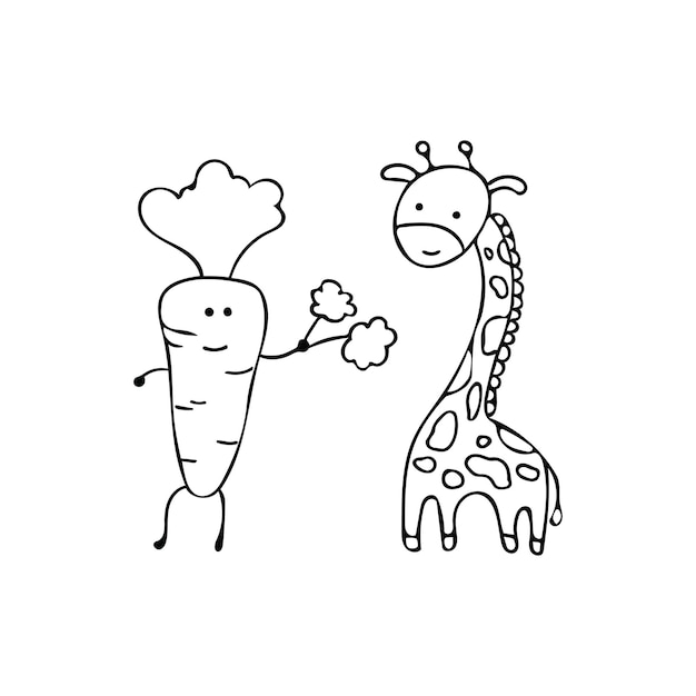 Hand getekende kinderen tekenen schattige giraffe eten grote wortel cartoon dier mascotte karakter vector