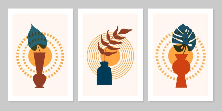 Hand getekende kleur instellen abstracte boho poster met tropische blad, vaas en zon geïsoleerd op beige achtergrond. Platte vectorillustratie. Ontwerp voor patroon, logo, posters, uitnodiging, wenskaart