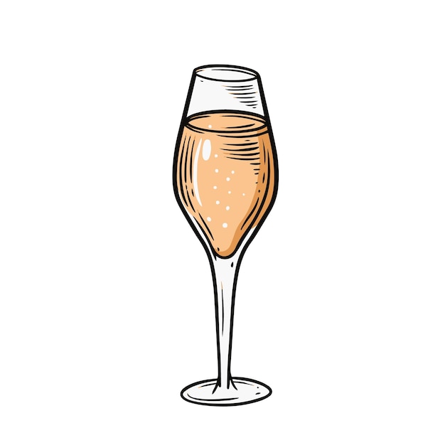 Hand getekende kleurrijke cartoon stijl champagne glas gravure stijl vector kunst.