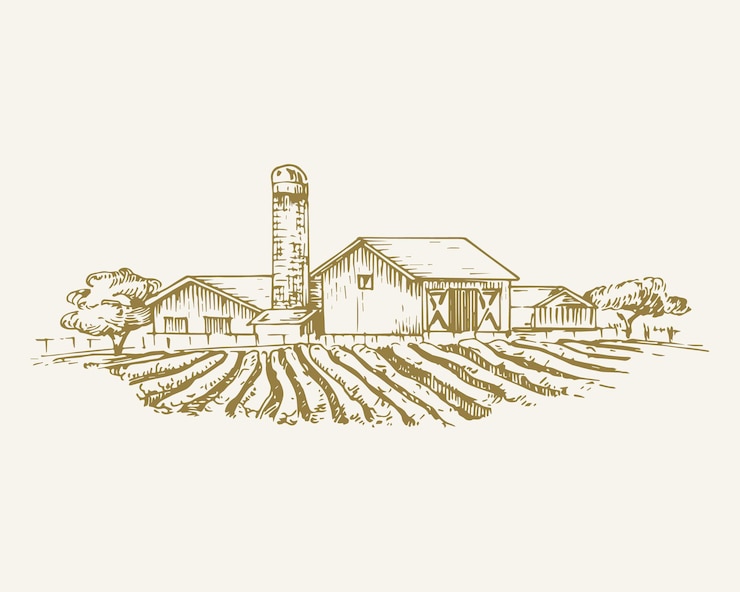 Vector hand getekende landelijke gebouwen landschap vector illustratie boerderij met veld schuren graan lift en tr...