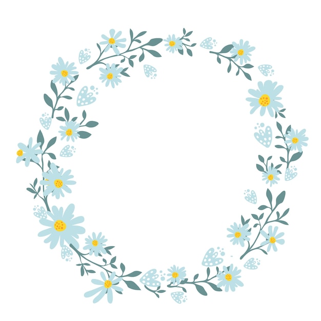 Hand getekende lente krans met kamille bloemen. rond frame voor kaarten en huwelijksuitnodigingen, banners voor de lenteverkoop en zomeraanbiedingen. vector ronde grens met copyspace.