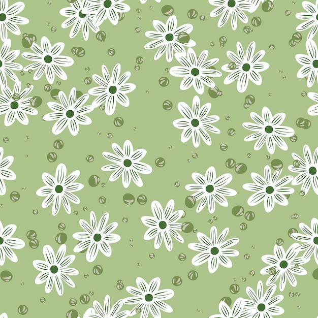 Hand getekende lente naadloze patroon met willekeurige witte bloemen vormen. pastel groene achtergrond met bubbels. platte vectorprint voor textiel, stof, cadeaupapier, behang. eindeloze illustratie.
