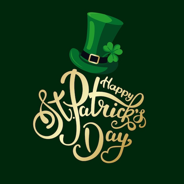 Hand getekende mooie gouden inscriptie happy st patrick's day met hoge hoed en klaver