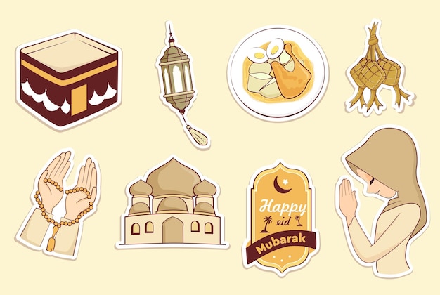 Hand getekende moslim meisje bidden ketupat kaaba element sticker collectie voor eid fitr mubarak