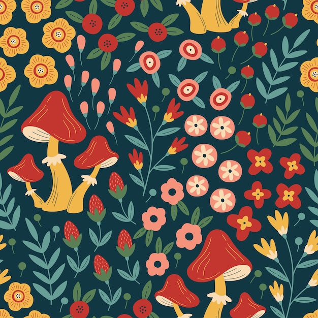 Hand getekende naadloze patroon met champignons, bessen en bloemen in folk stijl. Mooie herfst bloemen