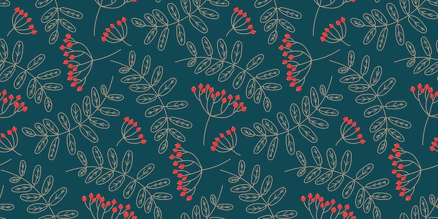 Hand getekende naadloze patroon met rowan bessen en bladeren. Floral herfst vector geïsoleerd