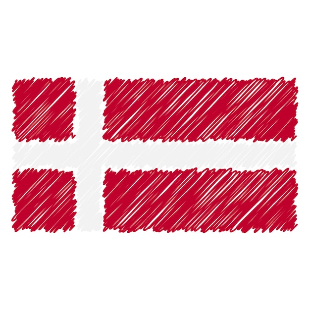 Hand getekende nationale vlag van Denemarken geïsoleerd op een witte achtergrond Vector schets stijl illustratie