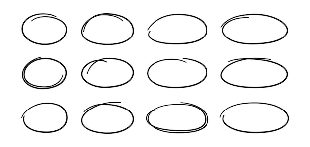 Hand getekende ovalen set. Ovalen van verschillende breedtes. Markeer cirkelframes. Ellipsen in doodle-stijl. Verzameling van vectorillustratie geïsoleerd op een witte achtergrond.