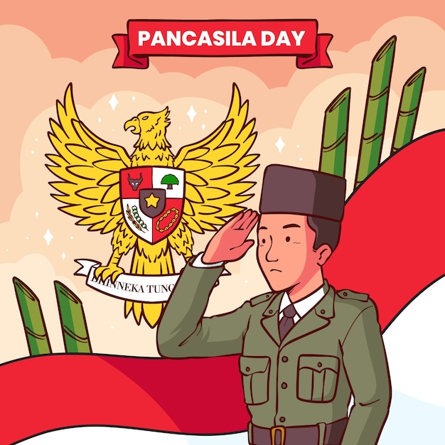 Vector hand getekende pancasila dag illustratie met soldaat salute