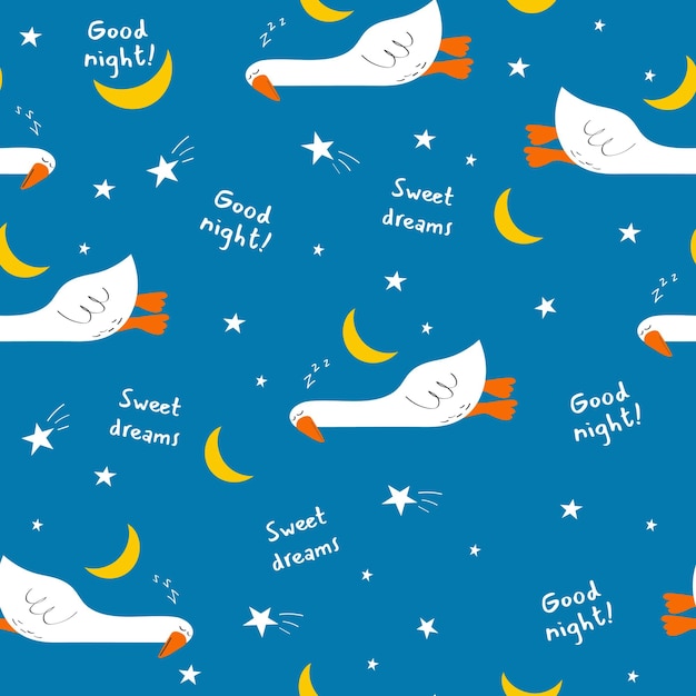 Hand getekende patroon met schattige cartoon gans, maan, sterren. Illustratie in handgetekende stijl voor kinderen