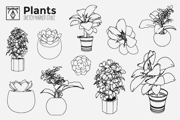 Hand getekende planten. Verzameling van geïsoleerde planten views. Marker effect tekeningen. Bewerkbare gekleurde silhouetten. Premium.