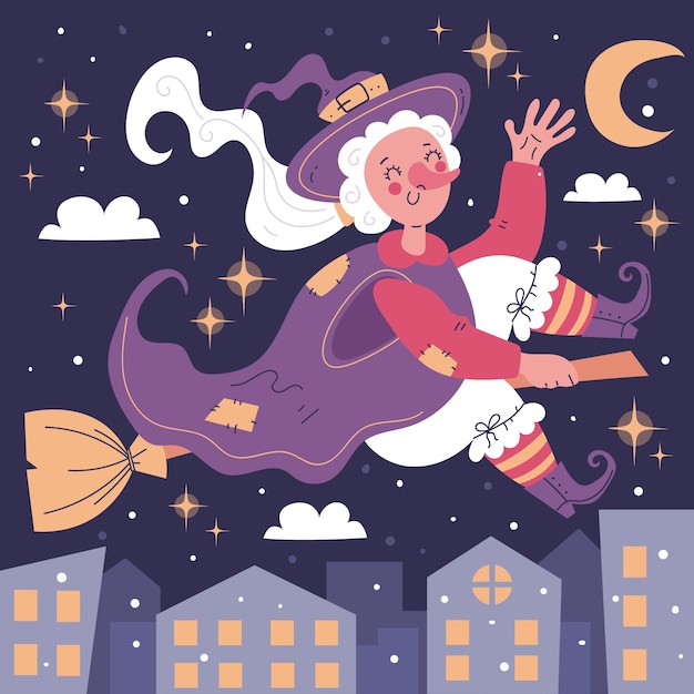 Hand getekende platte befana illustratie