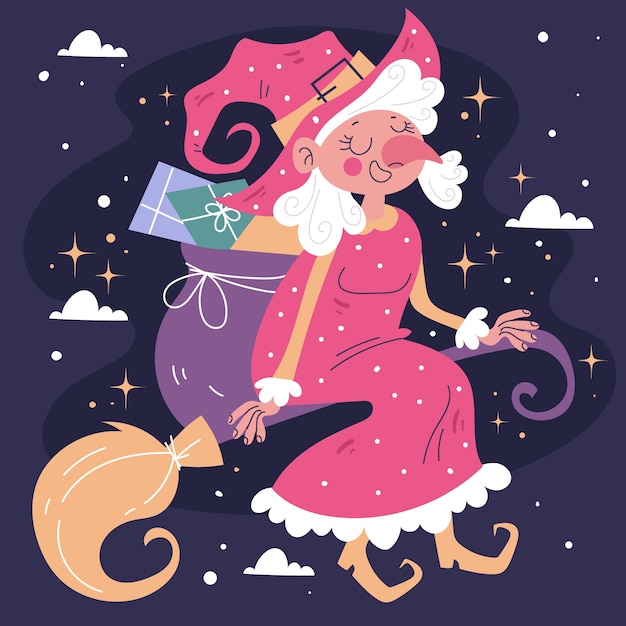 Hand getekende platte befana illustratie