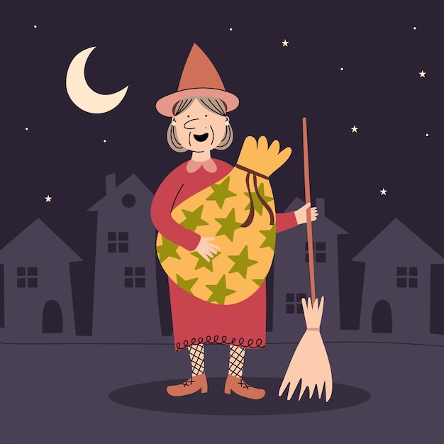 Hand getekende platte befana illustratie