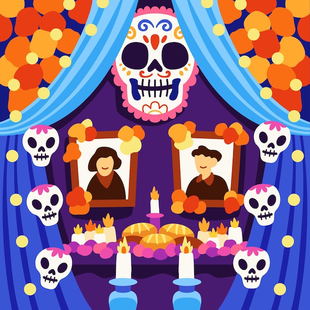 Hand getekende platte dia de muertos familie huis altaar illustratie