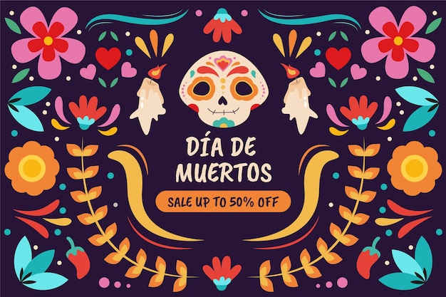 Vector hand getekende platte dia de muertos verkoop achtergrond