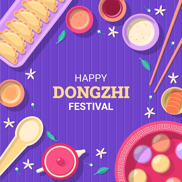 Hand getekende platte dongzhi festival illustratie met eten