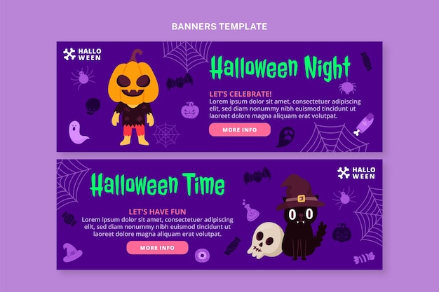 Hand getekende platte halloween horizontale banners set