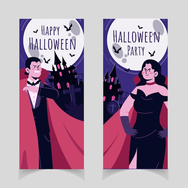 Hand getekende platte halloween verticale banners set