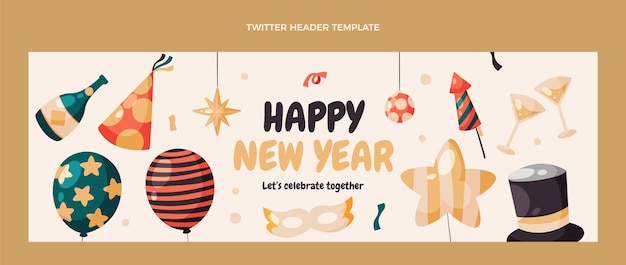 Vector hand getekende platte nieuwjaar twitter header