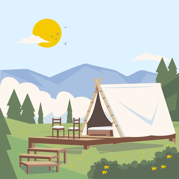 Vector hand getekende platte ontwerp glamping illustratie