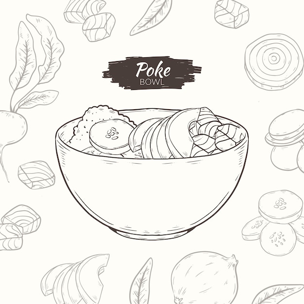 Hand getekende platte ontwerp poke bowl voedsel illustratie