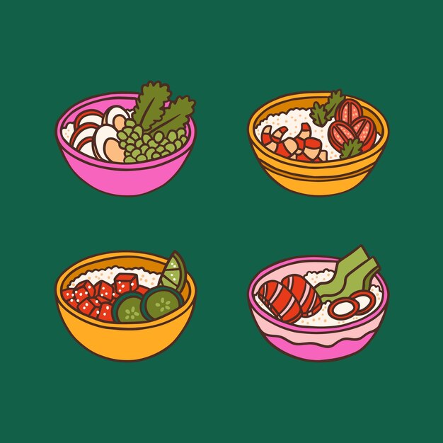 Hand getekende platte ontwerp poke bowl voedsel illustratie