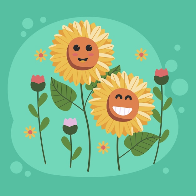 Hand getekende platte ontwerp smiley gezicht bloem illustratie