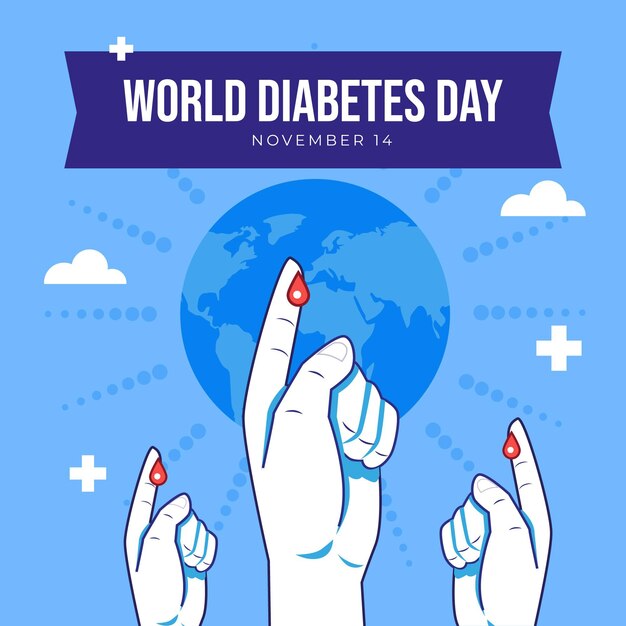 Hand getekende platte wereld diabetes dag illustratie