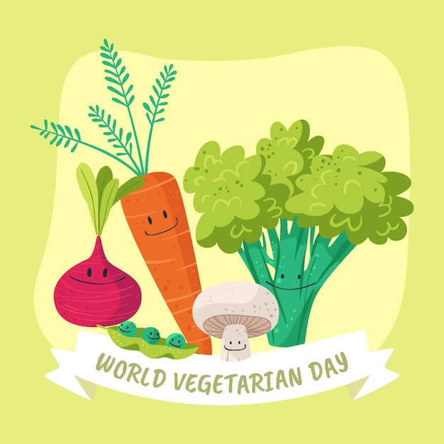 Hand getekende platte wereld vegetarische dag illustratie