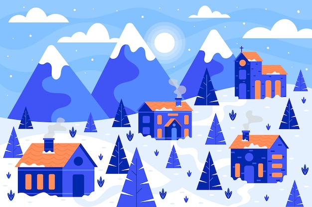 Vector hand getekende platte winter dorp illustratie