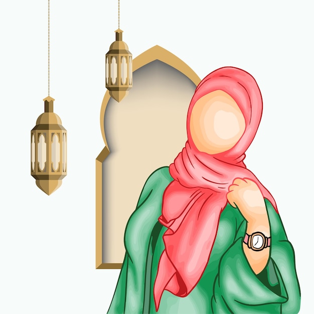Hand getekende ramadan kareem illustratie hijab moslimvrouw