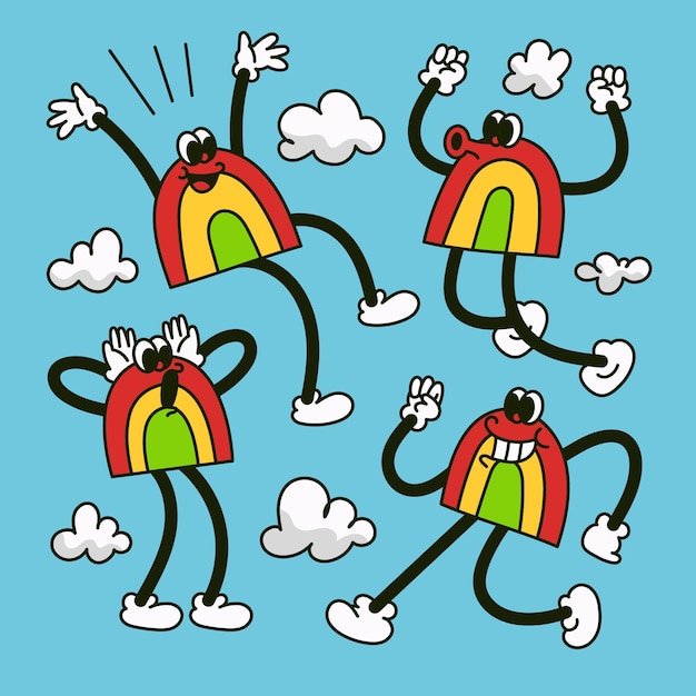 Hand getekende regenboog stripfiguur plat mascotte ontwerp