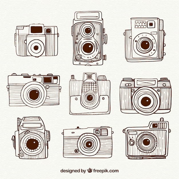 Hand getekende retro collectie vintage camera's