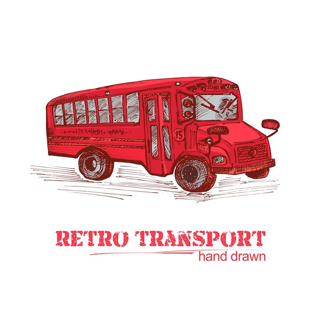 Vector hand getekende rode retro bus geïsoleerd op een witte achtergrond vintage vrachtwagen in schets stijl art design voor poster flayer banner illustration